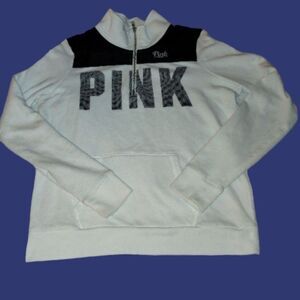 Victoria's Secret PINK Half Zip Pullover Sweatshirt White w/ Black Polka Dots M